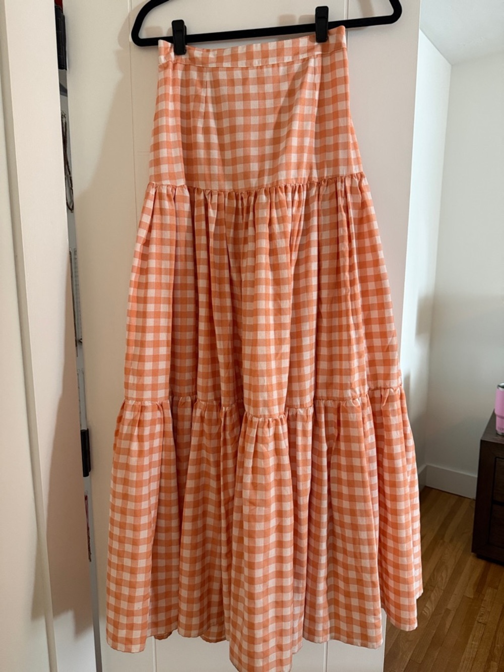Gingham Tiered A-Line Skirt in Peach and White